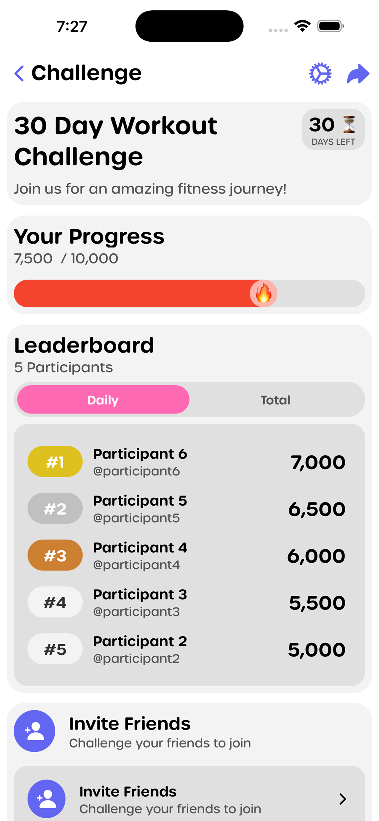 Best fitness challenge app showing social competitions and leaderboards